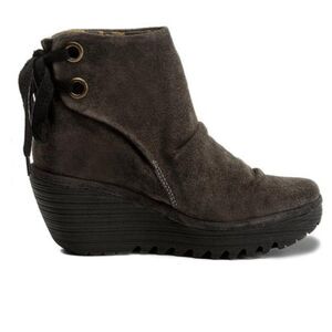Fly London Women 38 US 7.5-8 Yama Wedge Platform Bootie Green Suede Lace Up Boot